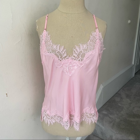 Gold Hawk Silk Soft Pink Lace Trim Lucy Crop Cami Camisole Top EUC Size XS - Picture 2 of 9